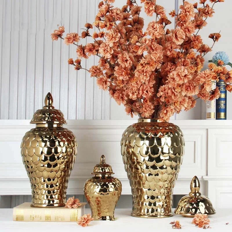 DecorBites™ Geometric Golden Porcelain Jar - Home Decor Vase & Storage Tank