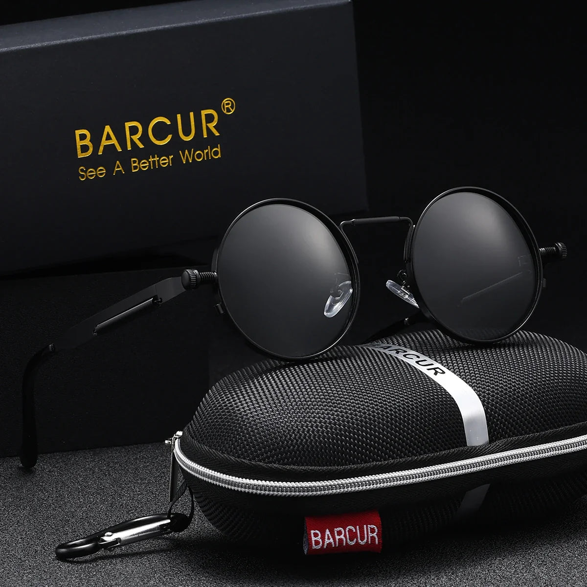 BARCUR Polarized Round Steampunk Sunglasses for Men – Retro Fashion Stainless Steel Frame with UV400 Protection and Spring Hinges – Luxury Vintage Style Circular Sun Glasses for Women & Men Perfect for Outdoor Travel and Summer Events
