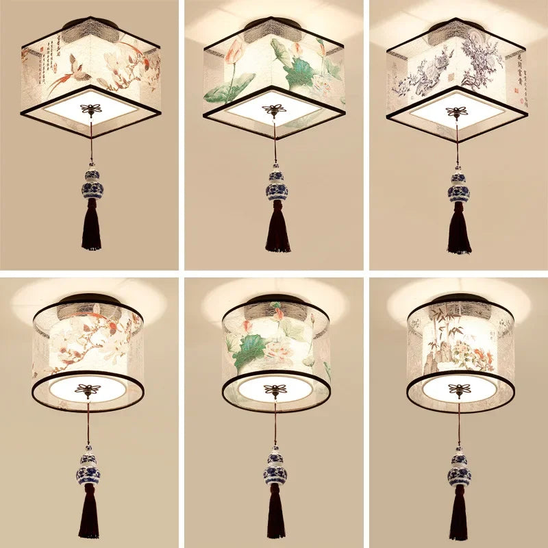 DecorBites™ Lotus Chinese Chandelier Ceiling Lamp Simple Corridor Painting LED Lighting