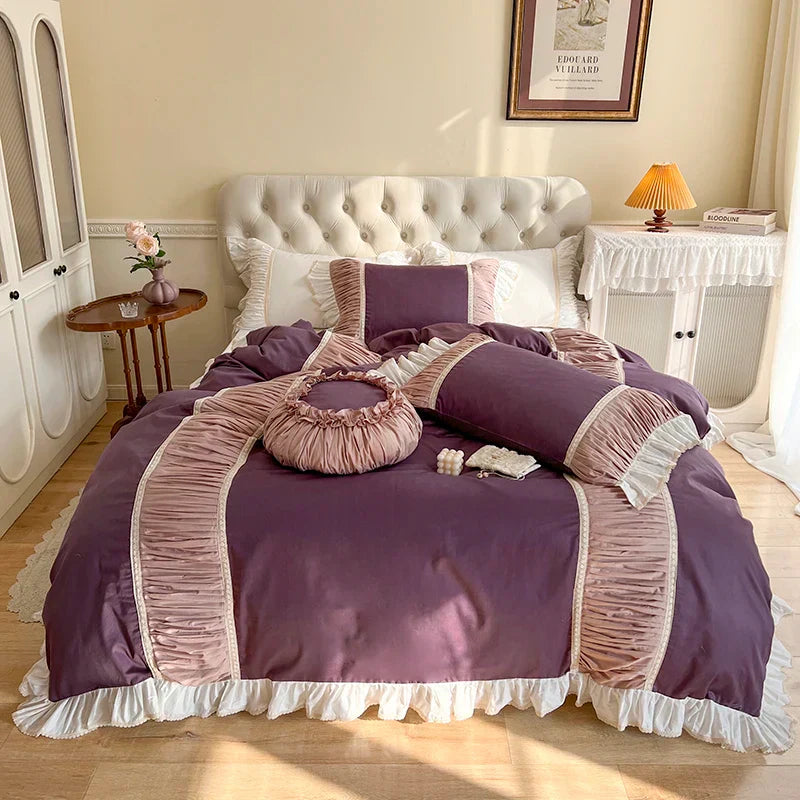 DecorBites™ Korean Princess Style Cotton Bedding Set with Pleated Ruffles and Soft Quilt Cover