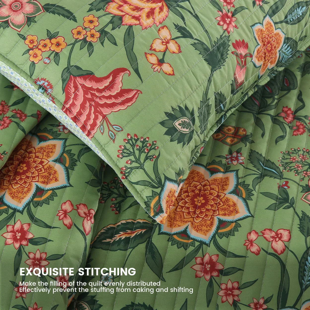 DecorBites™ Green Floral Quilt Set 3-Piece Oversized Bedding with Shams