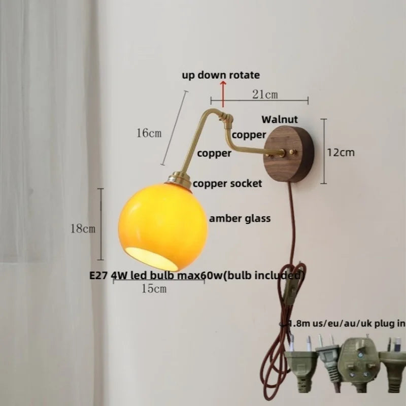 DecorBites™ Copper Glass Wall Sconce Amber LED Rotate Modern Bathroom Mirror Light