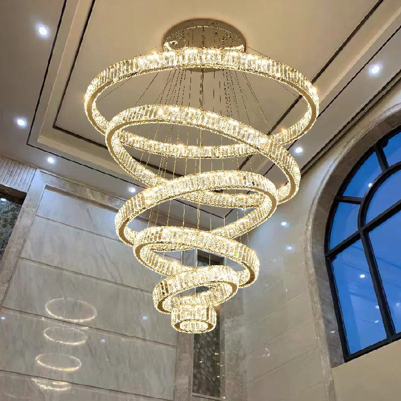 DecorBites™ Crystal Circle LED Chandelier: Dimmable Pendant Lighting for Modern Stairs