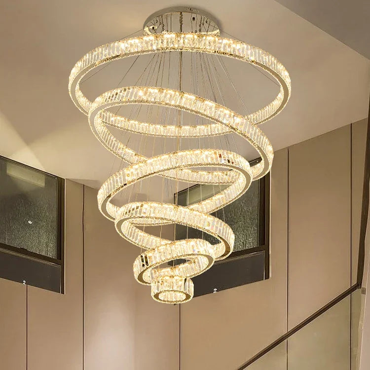DecorBites™ Crystal LED Chandelier Rings Pendant Lamp Luxury Villa Stair Decoration