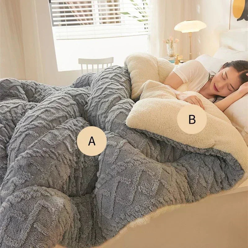 DecorBites™ Cozy Winter Bed Blanket: Luxe Lamb Cashmere Warmth Quilt for Comfort