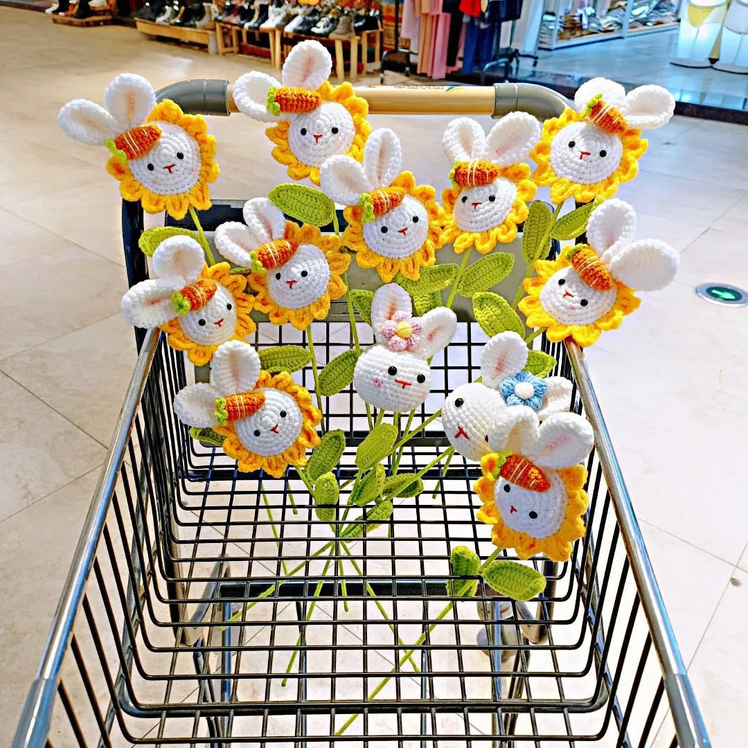 DecorBites™ Knitted Sunflower & Rabbit Bouquet: Handmade Crochet DIY Home Decor & Gift