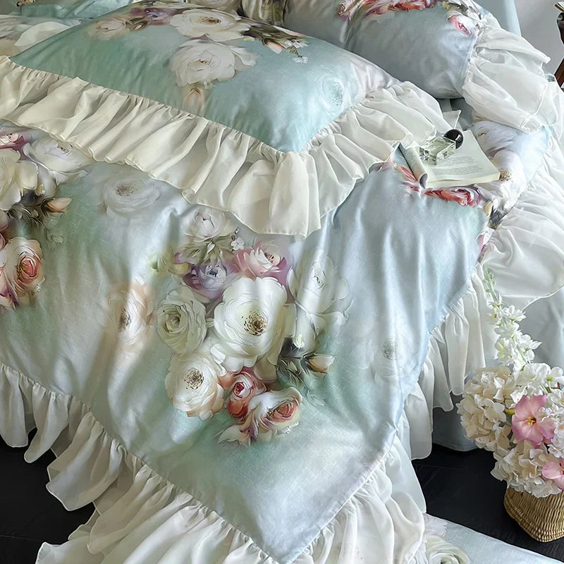 DecorBites™ French Flowers Lace Ruffles Bedding Set: Soft Silky Ice Silk for Single Queen King