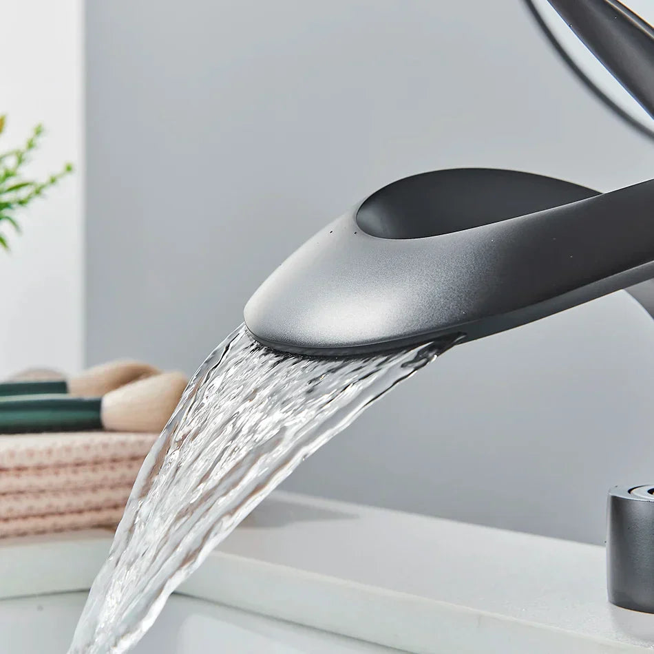 DecorBites™ Black Brass Waterfall Basin Faucet, Single Handle Deck Mount Vanity Tap