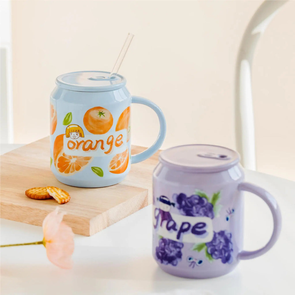 DecorBites™ Fruit Shape Ceramic Mug with Lid and Straw, Cute Korean Style Design