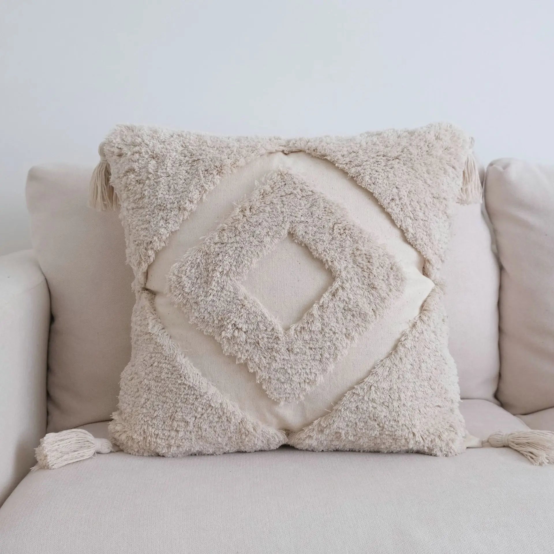 Boho beige white striped pillow cases living room tassel fringed decor