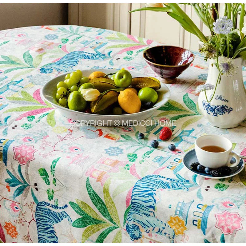 DecorBites™ Jungle Vibes Tablecloth: Tiger Plants & Pagoda Print for Kitchen Garden