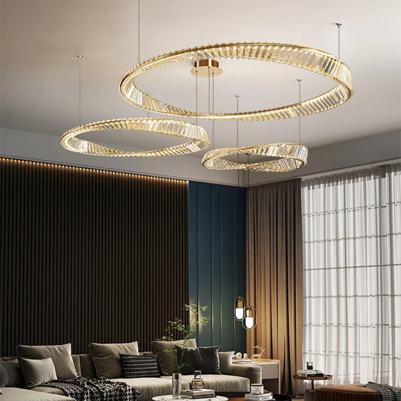DecorBites™ Gold Steel Rings Crystal Pendant Light