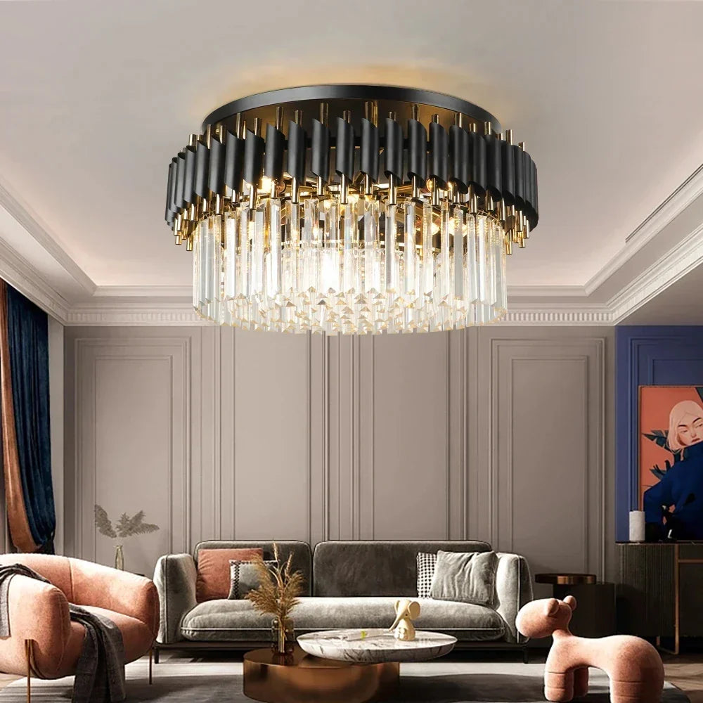 DecorBites™ Gold Black Crystal Ceiling Chandelier - Round LED Pendant for Living Room Lighting