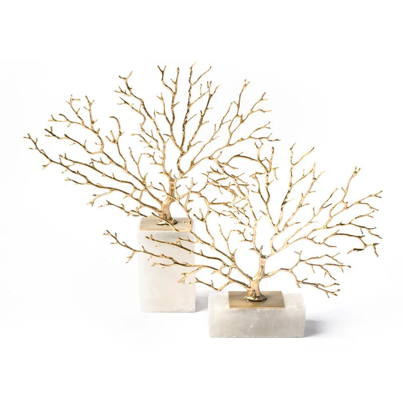 DecorBites™ Coral Tree Sculpture: Gold Metal Decorative Figurine on Marble Base