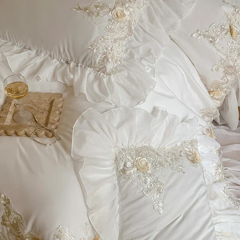 DecorBites™ French Rose Flowers Lace Wedding Bedding Set with Ruffles