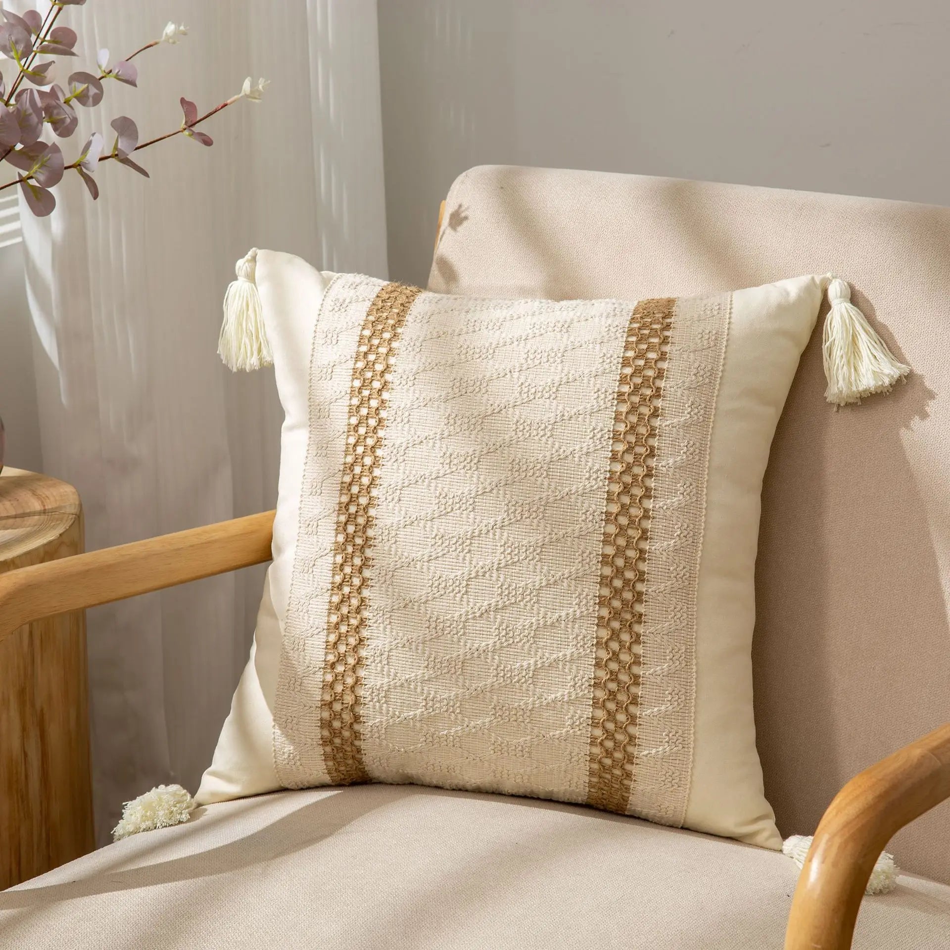 DecorBites™ Geometric Tassel Cushion Cover in Cotton and Linen for Living Room and Bedroom