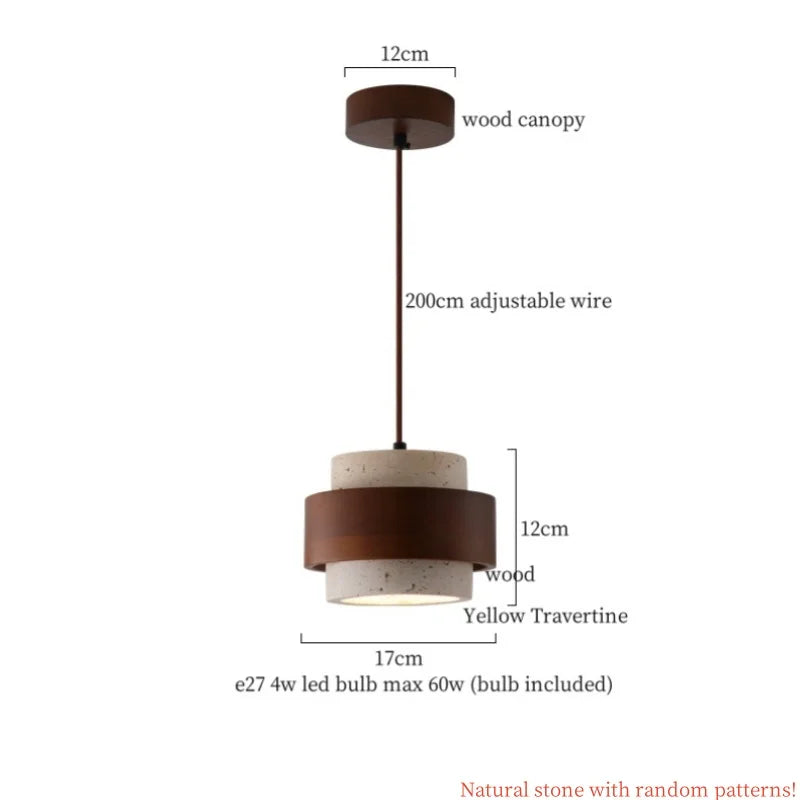 DecorBites™ Cuboid Stone LED Pendant Lights Wood Yellow Travertine Interior Lighting Hanging Lamp