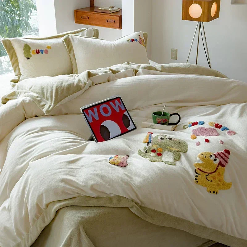 DecorBites™ Embroidered Milk Fleece Winter Bedding Set for Warmth & Cozy Comfort