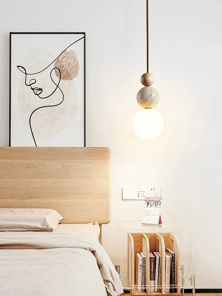 DecorBites™ Cream Style LED Pendant Lamp for Bedroom, Stone Wood Design