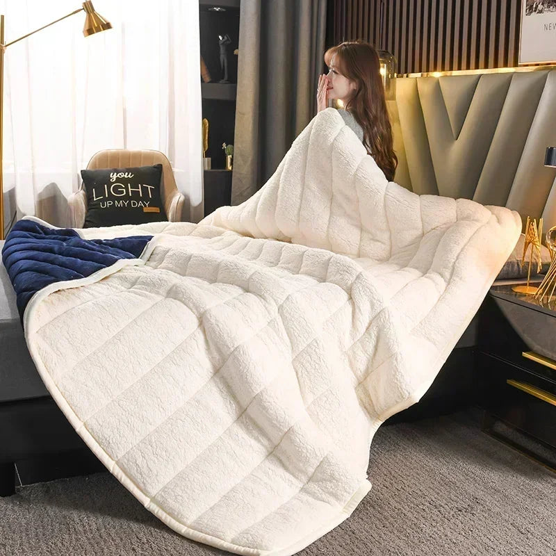 DecorBites™ Cozy Flannel Fleece Lambswool Blanket - 3 Layers, Warm & Soft for Bed.