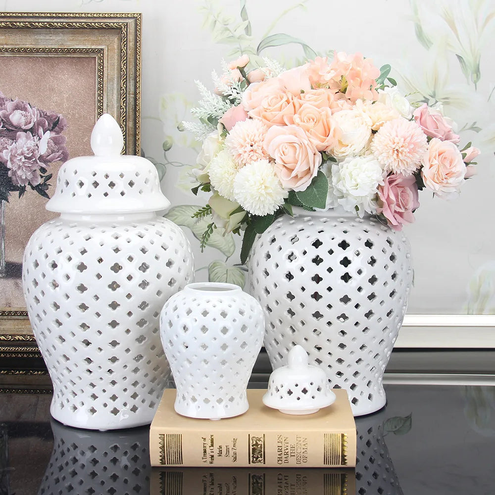 DecorBites™ Golden Ceramic Ginger Jar Home Decor Vase Pot Flower Arrangement Storage Jar