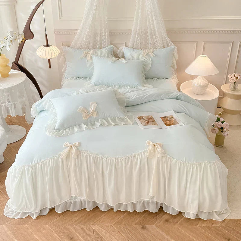DecorBites™ Korean Lace Bow Bedding Set: Luxury Princess Quilt Cover for Girls Wedding Home Textiles