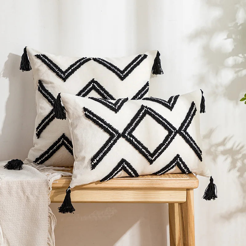 DecorBites™ Geometric Embroidery Tassel Cushion Cover - Grey White Simple Loop Tufted Pillow