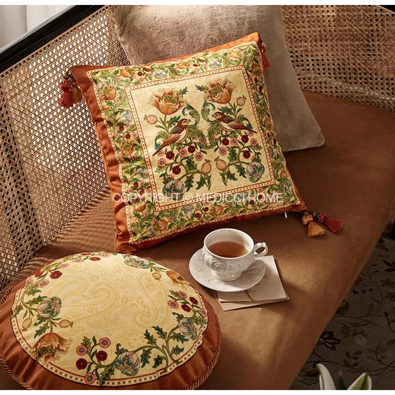 DecorBites™ Gobelin Tapestry Style Reversible Cushion Cover with Tassels and Retro Birds Floral Decor