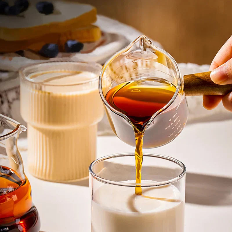 DecorBites™ Glass Espresso Measuring Cup with Wood Handle, Transparent Milk Jug