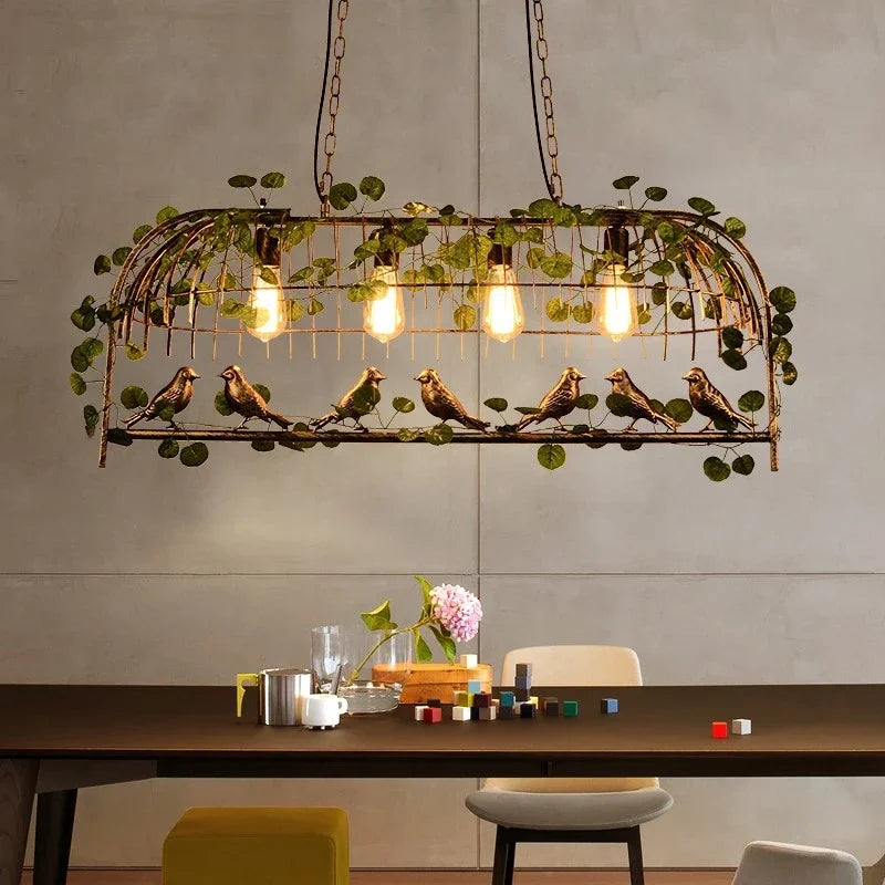 DecorBites™ Iron Bird Cage Chandelier with Green Leaf Decoration and LED Lamps