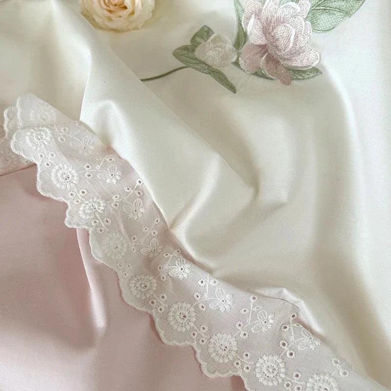 DecorBites™ Flowers Embroidery Lace Princess Bedding Set 1000TC Egyptian Cotton Duvet Cover Set