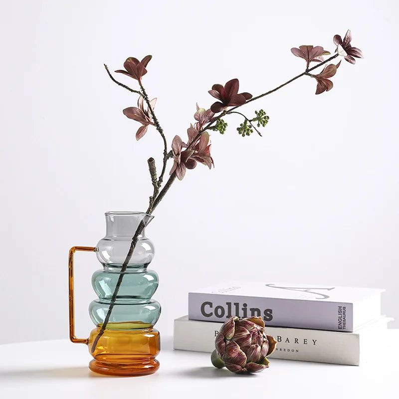 Amber & teal glass bubble ring vase living room flower decor