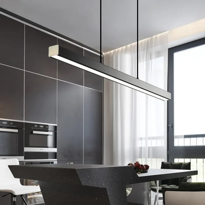 DecorBites™ LED Linear Pendant Light - White Black Wood Finish - Long Hanging Office Fixture