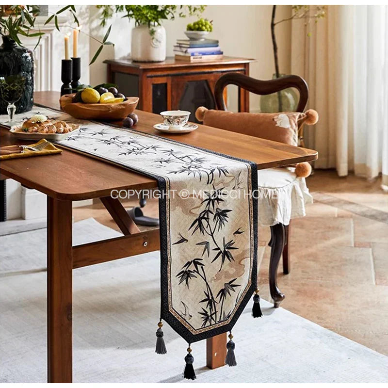 DecorBites™ Bamboo Leaf Swallow Print Table Runner for Chinoiserie Chic Farmhouse Decor