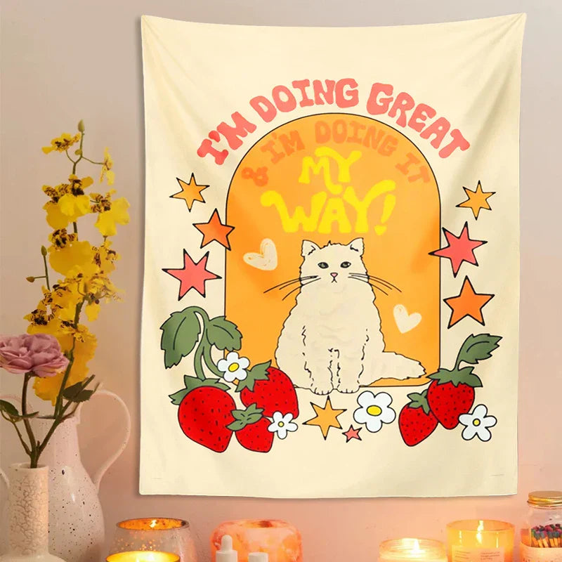 DecorBites™ Cute Cat Star Strawberry Tapestry Wall Hanging for Boho Home Decor