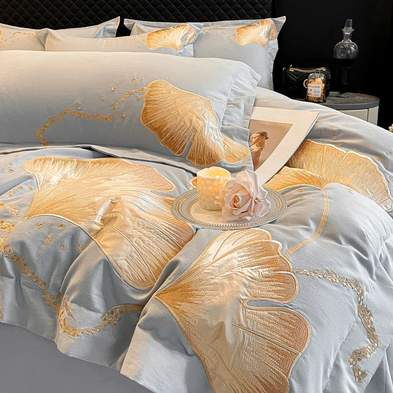 DecorBites™ Gold Ginkgo Leaf Embroidery Bedding Set - 100% Cotton Luxury 4Pcs