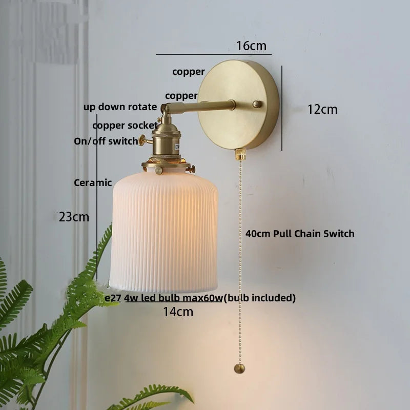 DecorBites™ Copper LED Sconce Wall Lamp Pull Chain Switch Nordic Modern Ceramic Mirror Light