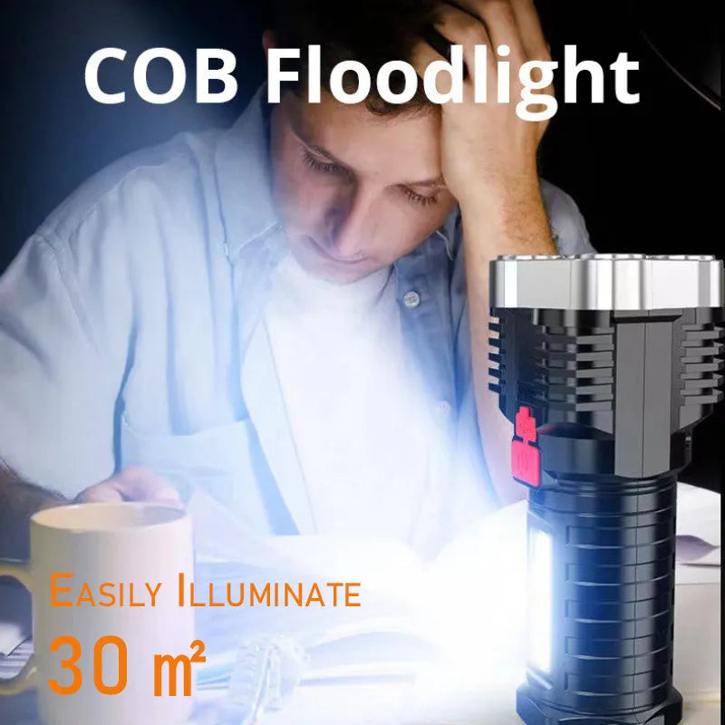 DecorBites™ LED Flashlight: High-light with 4 Lamp Beads, COB Floodlight, USB Rechargeable Outdoor Torch