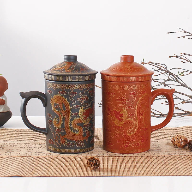DecorBites™ Dragon Purple Clay Tea Mug with Lid Strainer, Handmade Yixing Teacup