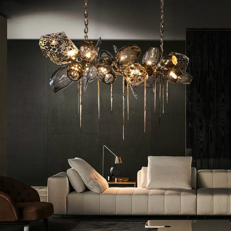 DecorBites™ Glass Shades LED Chandelier Stairs Art Metal Lighting Luxe Chain Hanging Lamp