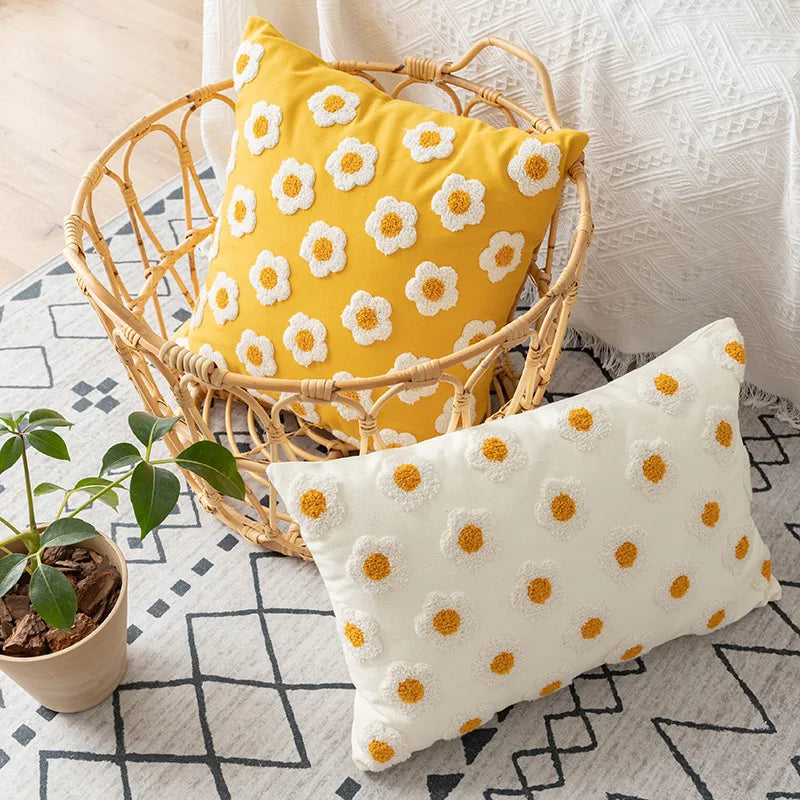 DecorBites™ Daisy Floral Embroidery Pillow Cover 45x45cm/30x50cm White Blooms Cozy Soft Décor