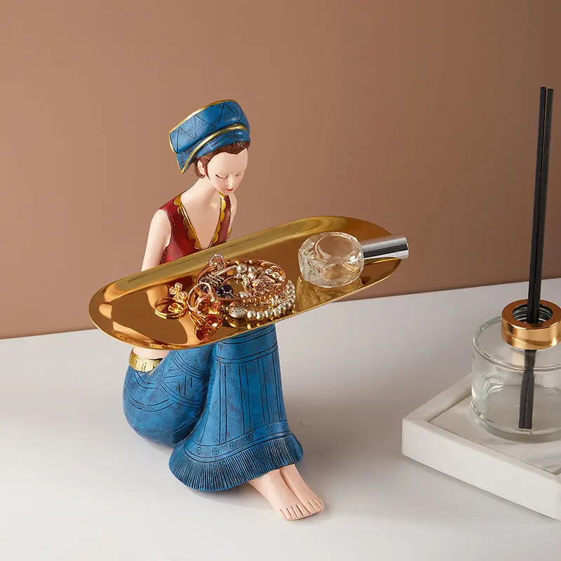 DecorBites™ Cute Girls Storage Tray Resin Ornaments, Home Decor Crafts & Office Desk Figurines