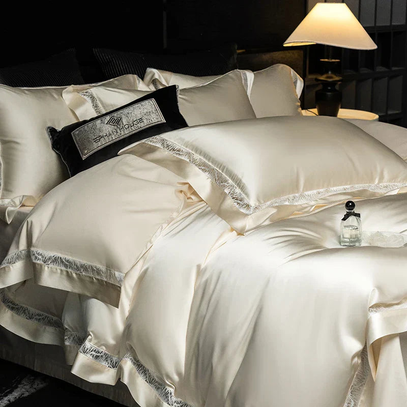 DecorBites™ Luxe Brocade & Egyptian Cotton Bedding Set with Hollow Lace Edge