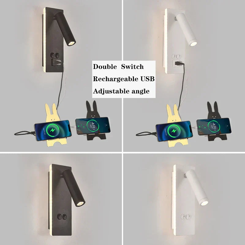 DecorBites™ Black Brass LED Wall Lamp with USB Port & Switch - 3W Spotlight for Bedroom