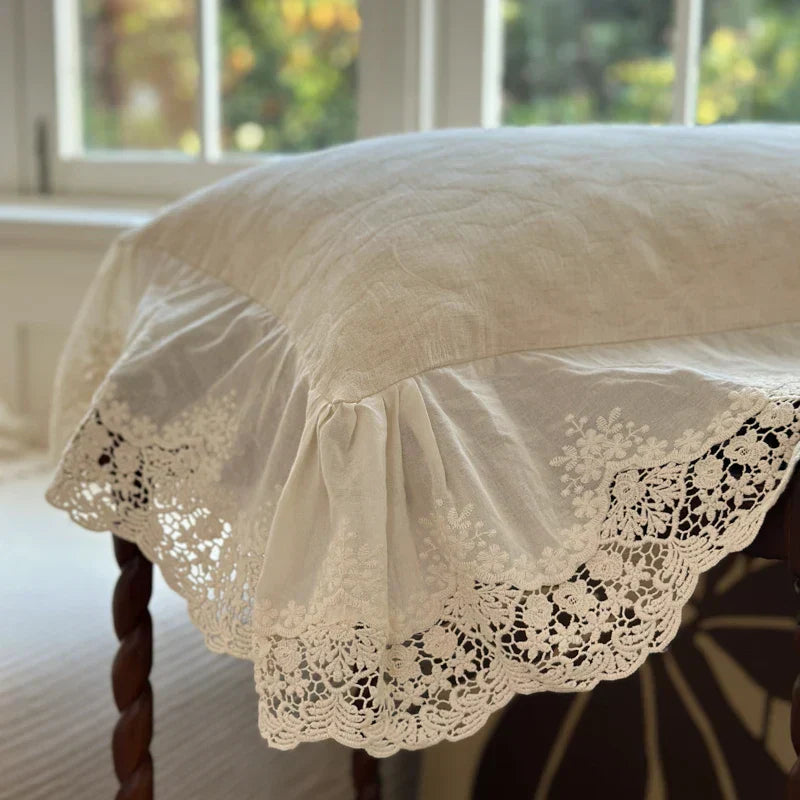 DecorBites™ Jacquard Linen Cotton Ruffles Bedding Set with French Lace in Natural Skin Tone