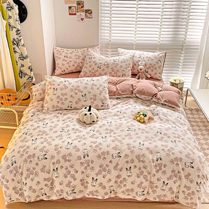 DecorBites™ Cotton Flower Printed Comforter Set: Breathable Double-Layer Yarn, Soft Bedding for Girls