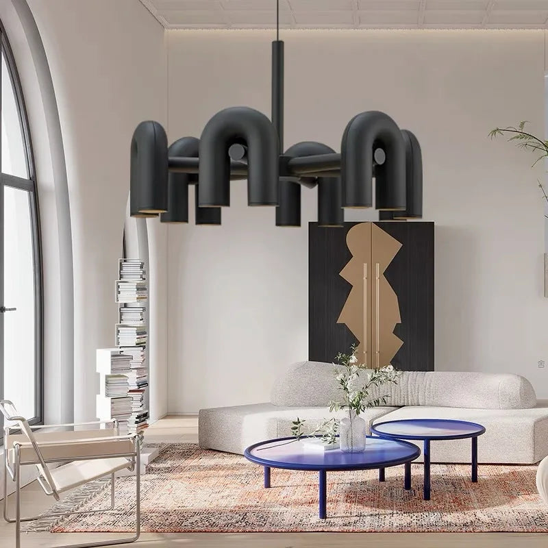 DecorBites™ Art Deco Metal Chandelier in Orange Blue Gray Black for Home and Business