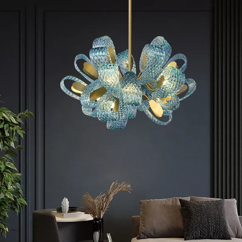 DecorBites™ Elegant Blue Copper LED Flower Ceiling Chandelier for Living Dining Bedroom & Salon