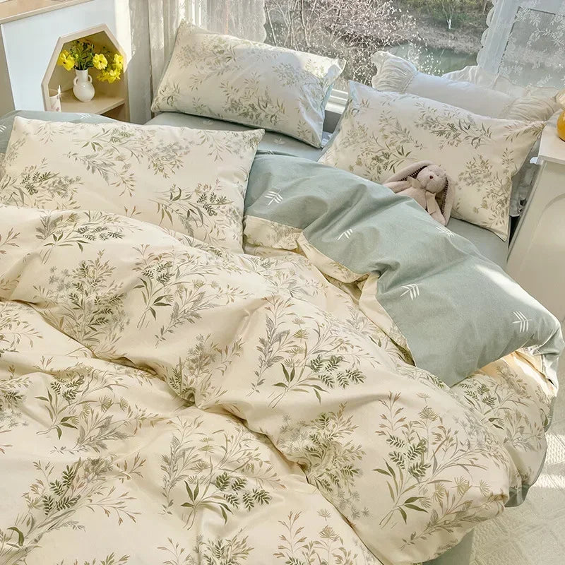 DecorBites™ Double-Sided Floral Print Cotton Bedding Set - Queen Size Soft Duvet Cover Set