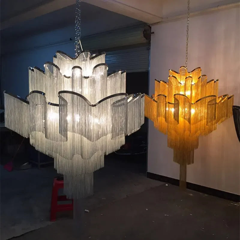 DecorBites™ Fringed Chandelier: Silver & Gold Aluminium Chain Pendant Light for Luxe Home & Hotel Decor